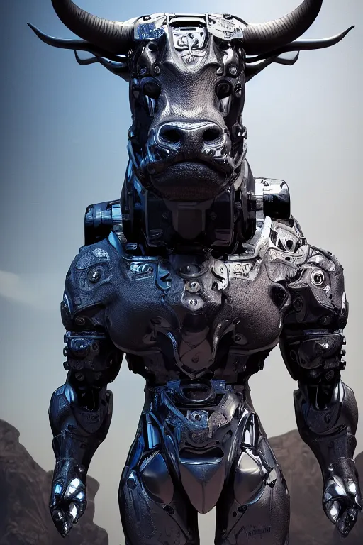 Image similar to a full body shot of a cyborg ( bull ) modeled after a bull looking into the camera, android, cyborg, full body shot, intricate, 3 d, hyper realism, fantasy, depth of field, octane render, symmetrical, highly detailed, digital art, artstation, concept art, cinematic lighting, trending