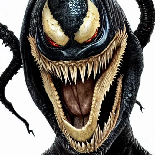 Image similar to venom king arthur version, ultra realistic, highly detailed, photorealism, scary, intricate detail, high res, textures, extremes, dark, twisted, black, wiry, superhero, antihero, powerful, teeth, licking tongue, armor, hair, knight trending on artstation