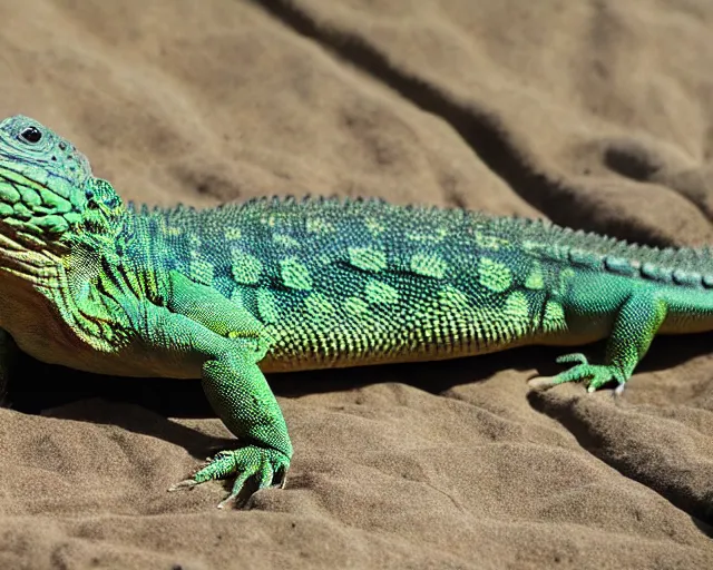 Image similar to humanoid lizard sunbathing, relaxed reptile basking in the sun, reptilian humanoid with a slight smile of contentment.