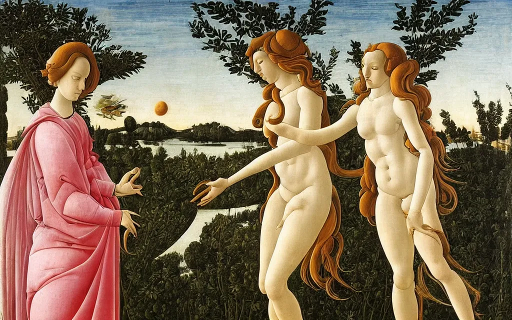 Image similar to sandro botticelli. very soft, delicate light. venus standing on a park bench in a modern city.