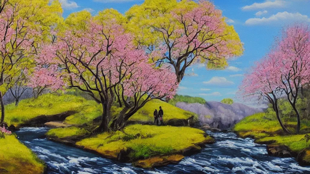 Image similar to A beautiful landscape oil painting of a hill with trees, a person is walking trhough the river and anoter person is sitting under a tree, the spring has arrived and the trees are blooming and covered with yellow, pink, purple and red flowers, the river come from the waterfall and is zigzagging and flowing its way, the river has lots of dark grey rocks, by Greg Rutkowski