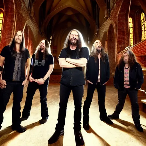 Image similar to Dream Theater playing a concert in a church with high ceilings under fire