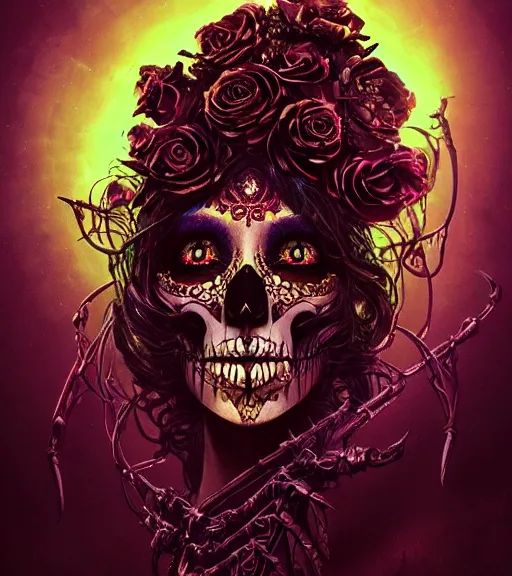 Image similar to a chaotic goddess of death skeleton as a heroine, intricate, elegant skull black rose s day of the dead atmospheric, dramatic, Trending on artstation. augmentations and cybernetic enhancements neon circuits, greg rutkowski , hyperrealist, cinema4D, 8k highly detailed