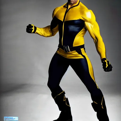 Image similar to Hugh Jackman wolverine in X-Men yellow and black costume, studio photograph, strong pose