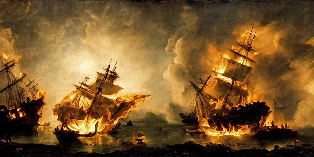 Prompt: baroque painting of a 1 8 th century ship on fire at night. cinematic