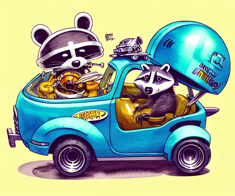 Image similar to cute and funny, racoon wearing a helmet riding in a tiny hot rod with oversized engine, ratfink style by ed roth, centered award winning watercolor pen illustration, isometric illustration by chihiro iwasaki, edited by beeple, tiny details by artgerm, symmetrically isometrically centered