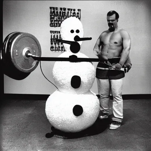 Image similar to “ burl ives snowman m, lifting weights with magnum pi in an insane asylum, designed by vernor panton ”