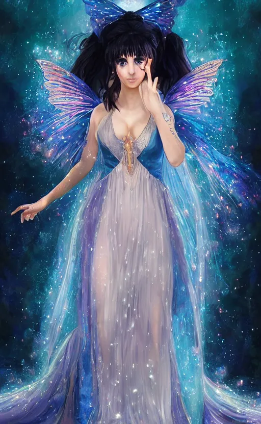 Prompt: fairy long blue crystalized dress, victorian dress, misa amane, kim kardashian, battle angel alita. by rembrandt 1 6 6 7, illustration, by konstantin razumov, frostine engine, vibrant colors, fractal flame, crystalized