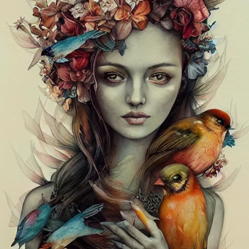 Image similar to watercolor woman with birds by anna dittmann, by marco mazzoni
