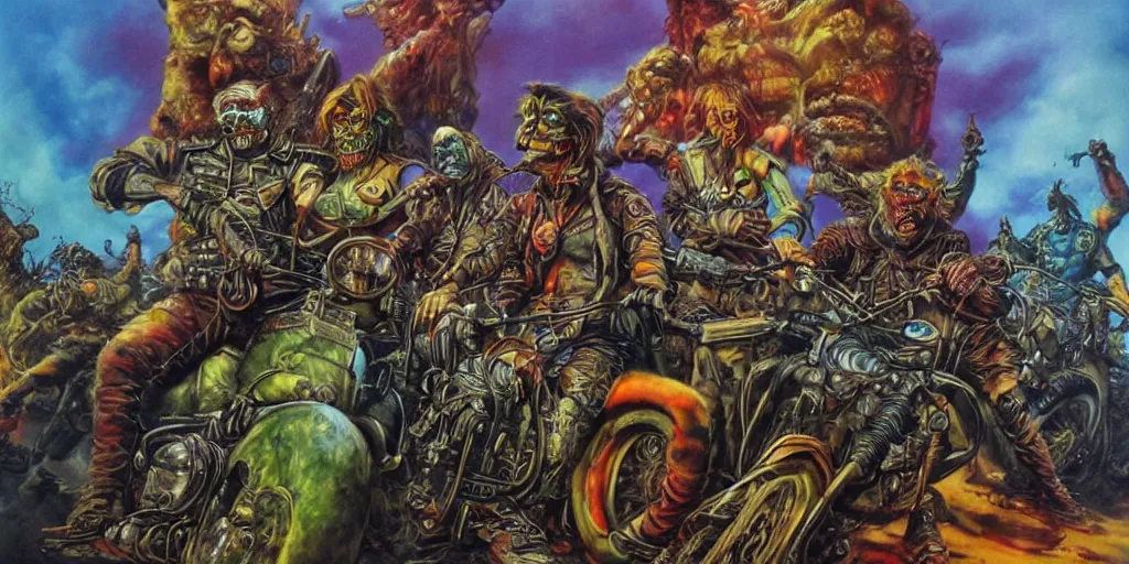 Image similar to psychedelic post apocalyptic orcish biker gang, sharp focus, psychedelic colors, boris vallejo, michael whelan, 8 k, elegant, intricate