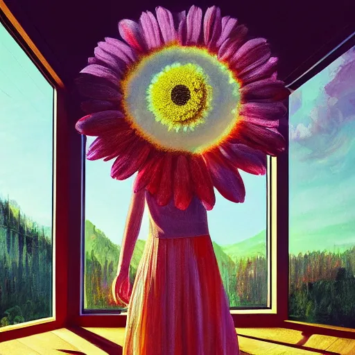 Prompt: giant daisy flower head, a woman standing next to a modern window in luxury loft, surreal photography, sunlight, impressionist painting, digital painting, artstation, simon stalenhag