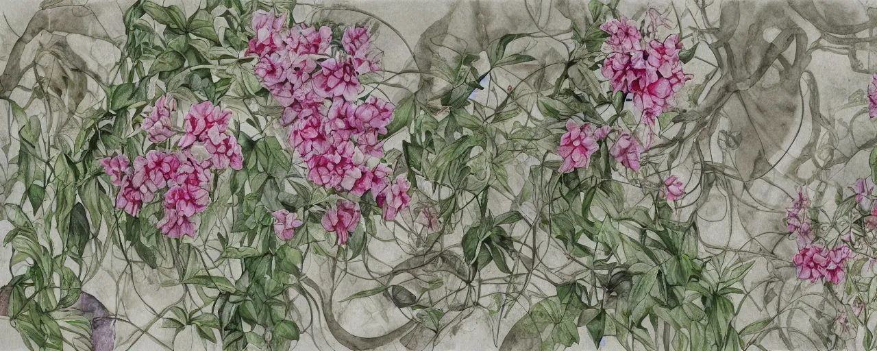 Prompt: delicate marble in a botanic garden, stony, puffy, botanical herbarium paper, watercolor colored painting and pencil, iridescent colors, 8 k, realistic shaded, fine details, artstation, italian, colonnade, vines, flowers, gardena architecture, pompeii