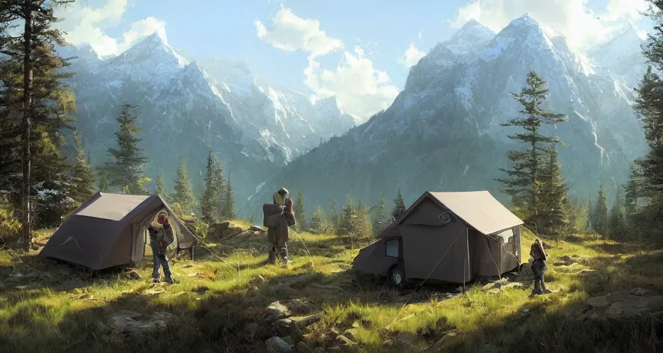 Image similar to cabela's beautiful comfortable self contained modular insulated wall container home kit - house all weather family dwelling tent house, person in foreground, mountainous forested wilderness open fields, beautiful views, painterly concept art, environmental concept art, concept art illustration, by james gurney, by craig mullins, by greg rutkowski trending on artstation