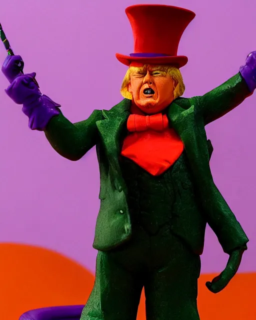 Image similar to wide angle photo of a maquette sculpture of donald trump as willy wonka, he is wearing a victorian era purple jacket and pants, and a velvet purple top hat over his long orange hair. he is holding a candy cane colored cane. his skin is an orange color like an oompa loompa. in the style of sideshow collectibles, highly detailed sculpture