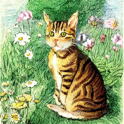 Prompt: a cute tabby cat sitting in a garden, beautiful illustration by beatrix potter