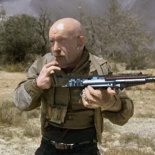 Image similar to Film Still of Mike Ehrmantraut aiming a sniper rifle in a new Breaking bad movie, 8k, highly detailed, centered