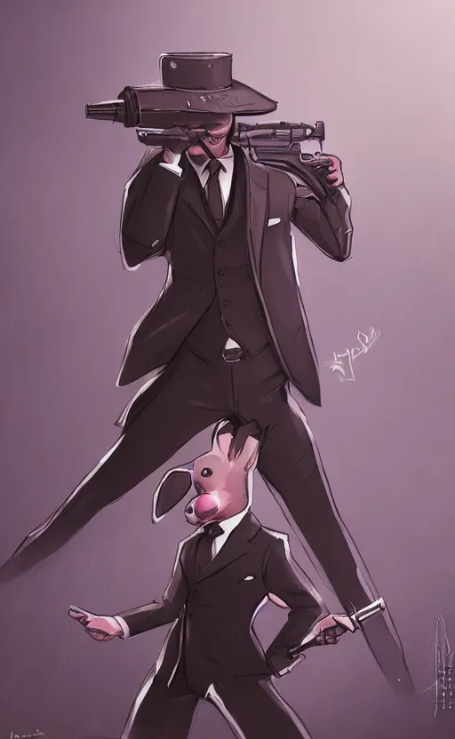 Image similar to rabbit as a hitman, suit and tie, with silenced gun, dynamic lighting, fantasy concept art, trending on art station, stunning visuals, creative, cinematic, ultra detailed, comic strip style