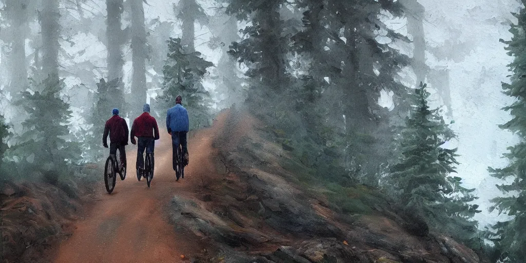 Image similar to Exactly two men biking alone up a steep forest hill. One with a deep dark blue sweater and the other with a wine red sweater. sweaty. Oil painting. Emotional. Trending on artstation. Steep. Nordic Trees. Rustic. Artistic.