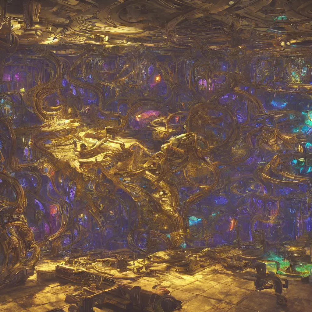 Image similar to a beautiful painting of an elaborate utopian sci - fi scene painted by hr giger and lisa frank, detailed, unreal engine, volumetric lighting, shadows, reflections