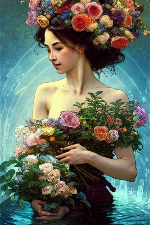 Prompt: portrait of a beautiful mysterious woman holding a bouquet of flowing flowers, hands hidden under the bouquet, lying in a pool of water, fantasy, regal, intricate, by stanley artgerm lau, greg rutkowski, thomas kindkade, alphonse mucha, loish, norman rockwell