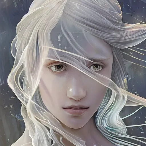 Image similar to “a delicate renaissance marble sculpture covered with water veil, highly detailed transparent marble cloth, a beautiful girl with long black hair in, island background, intricate, highly detailed, digital painting, artstation, official media, anime key visual, concept art, rich vivid colors, ambient lighting, sharp focus, illustration, art by Artgerm, Makoto Shinkai, Ilya Kuvshinov, Lois Van Baarle, and Rossdraws, gi, global illumination, physically based rendering, photorealistic, top light , dark background”