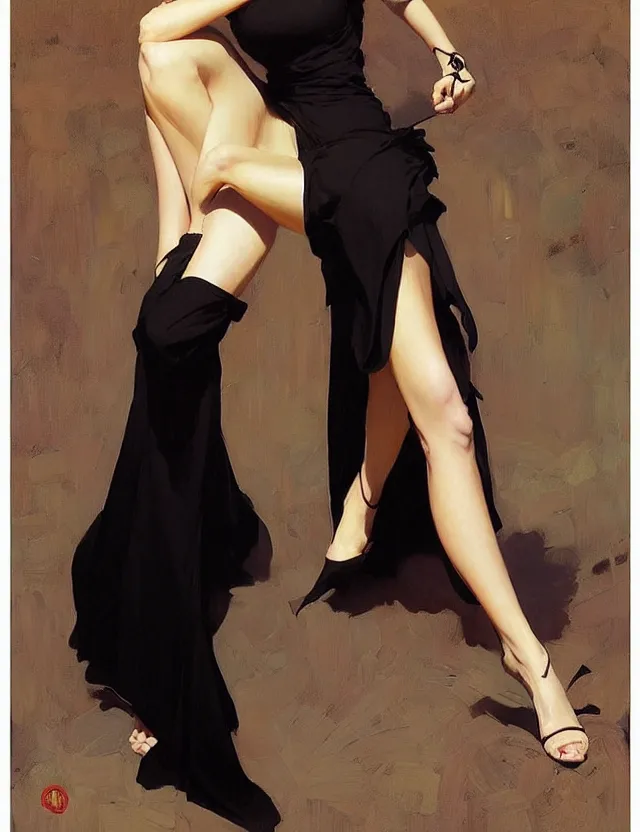 Image similar to savvy — today at 4 : 0 2 pm beautiful anime woman in tight black dress with high slit, krenz cushart, mucha, by joaquin sorolla rhads leyendecker, by ohara koson