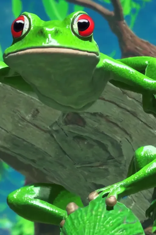 Image similar to in game footage of a green tree frog from the legend of zelda breath of the wild, breath of the wild art style.