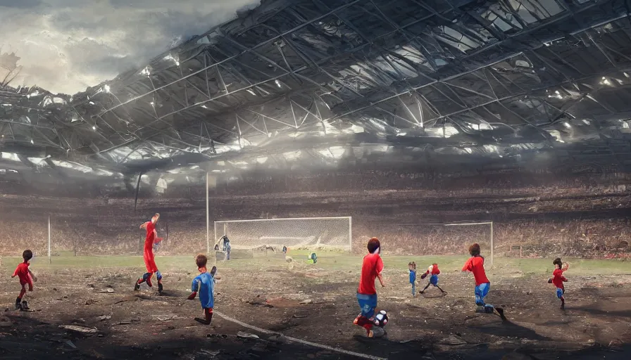 Image similar to kids playing soccer in destroyed rfk stadium in washington dc, cloudy day, hyperdetailed, artstation, cgsociety, 8 k