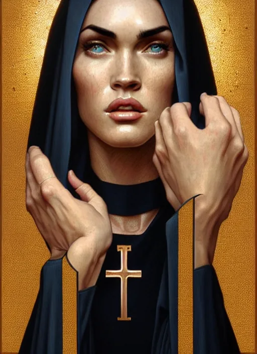 Image similar to portrait of megan fox as nun, bible, catholic, religion, cross, praying, intricate, headshot, highly detailed, digital painting, artstation, concept art, sharp focus, cinematic lighting, illustration, art by artgerm and greg rutkowski, alphonse mucha, cgsociety