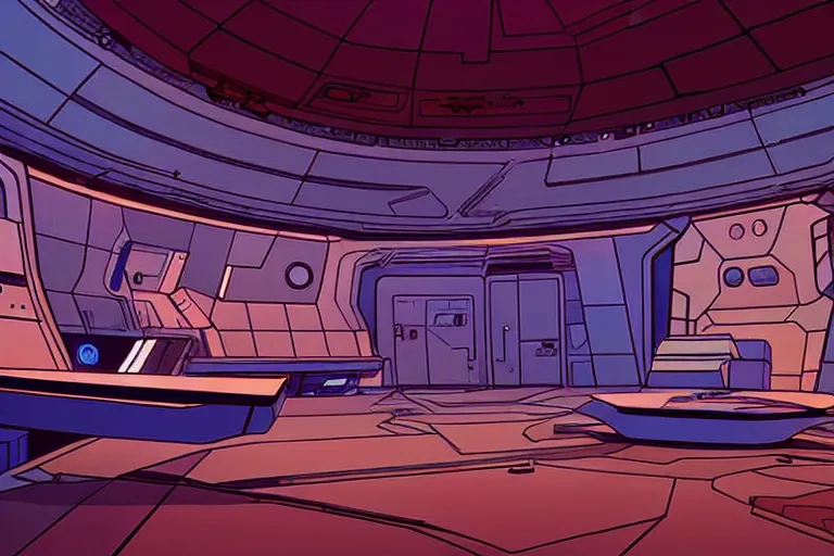 Image similar to a photograph of a space ship interior set design in a world inspired by jean giraud moebius and geoff darrow