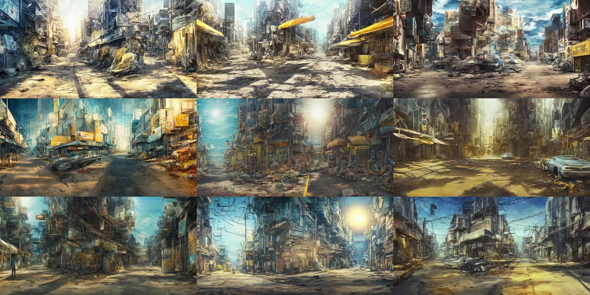 Prompt: incredible anime movie scene, vanishing point, explorer, watercolor, underwater market, empty road, coral, harsh bloom lighting, rim light, abandoned city, paper texture, movie scene, caustics shadows, deserted shinjuku junk town, old pawn shop, bright sun ground, wires, telephone pole, pipes, yellow dragon head