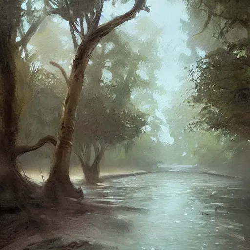 Prompt: ent goingon a walk through a river, oil painting, by greg rutkowski