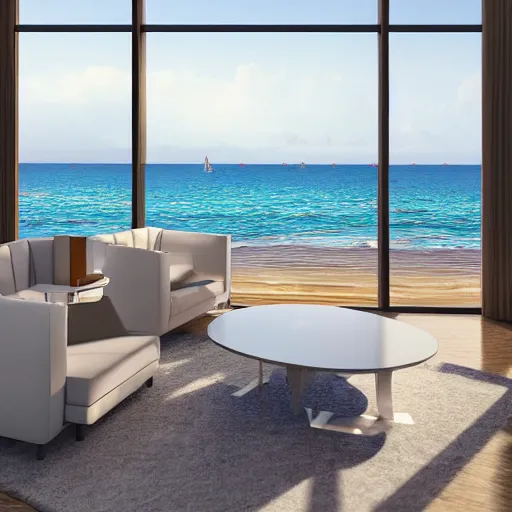 Image similar to modern hotel interior design, living room with window facing the sea and sun, photorealistic, ultra-detailed, 4k high resolution, HDR shot