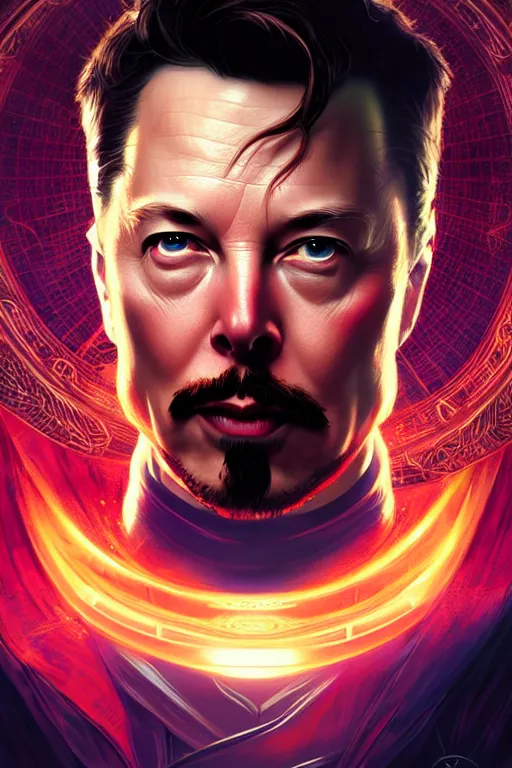 Image similar to elon musk as dr strange, realistic portrait, symmetrical, highly detailed, digital painting, artstation, concept art, smooth, sharp focus, illustration, cinematic lighting, art by artgerm and greg rutkowski and alphonse mucha