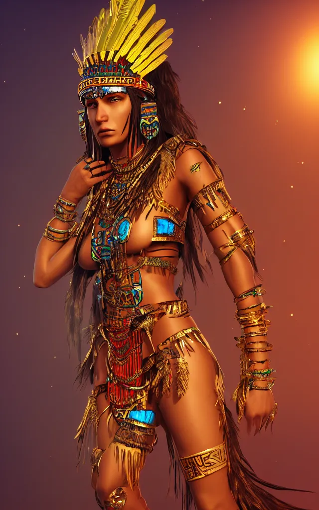 Prompt: native aztec neondmt warrior princess goddess with a golden headdress, piercing glowing eyes, a beautiful body with aztec dmt gilded gold foil tattoos, full body uncropped photo, 4 k cinematic hyperdetailed photorender realityengine ultrahd fantasy concept art