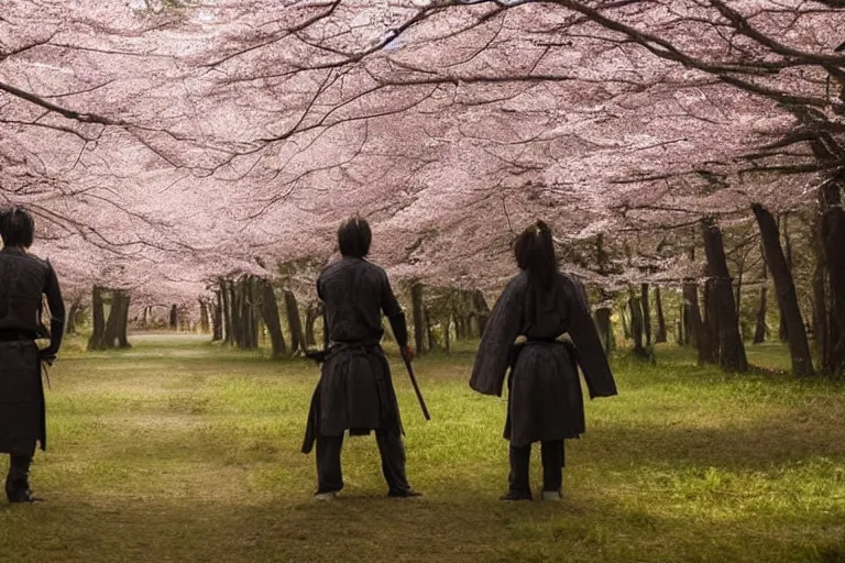 Prompt: vfx movie scene samurai couple stand off blades drawn in cherry blossom forest, natural lighting by emmanuel lubezki