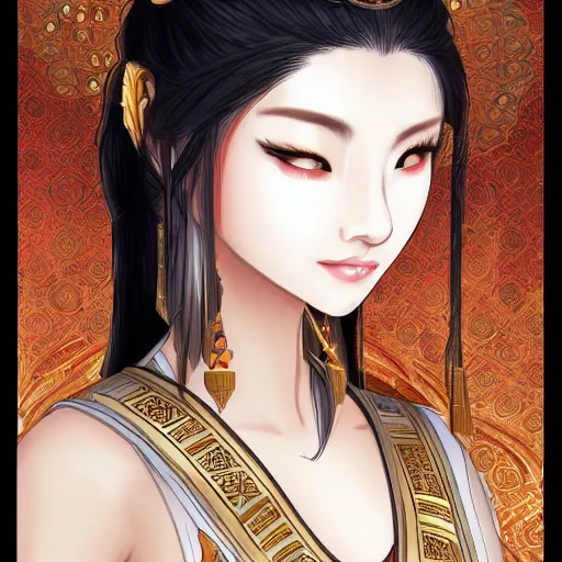 Image similar to ancient asian dynasty princess, three kingdom, dynasty warriors, cute face, standing in an oasis in the desert, comics, beautiful, elegant, headshot, long black hair, digital painting, smooth, concept art