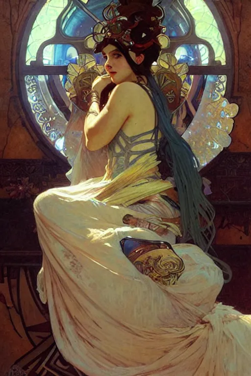 Image similar to A goddess playing video game, fantasy, painting by greg rutkowski and alphonse mucha