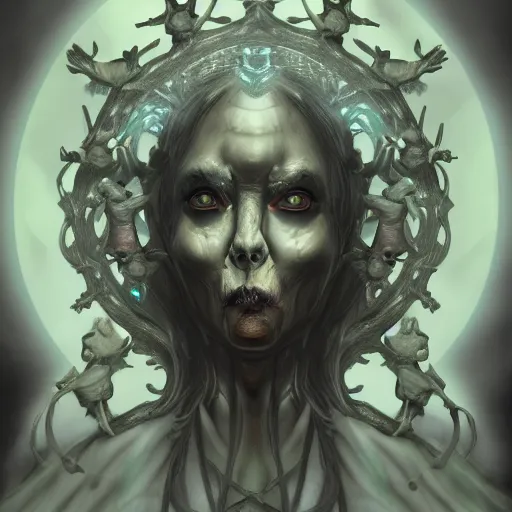 Prompt: hecate, 3 headed withch, madiden, matron, crone, mystic, dark, fantasy, character design, skulls, surreal, concept art, photoshop, volumetric lighting, shaman, witch, digital painting