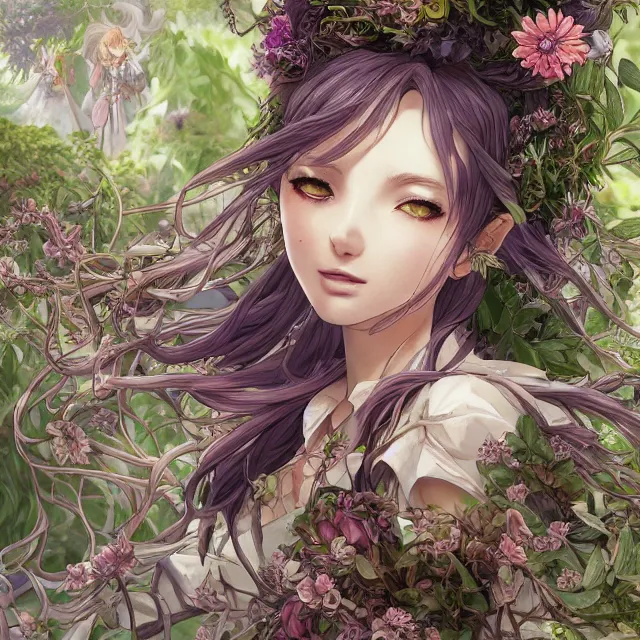 Image similar to the portrait of chaotic good female druid botanist as absurdly beautiful, gorgeous, elegant, young anime girl, an ultrafine hyperdetailed illustration by kim jung gi, irakli nadar, intricate linework, sharp focus, bright colors, octopath traveler, final fantasy, unreal engine 5 highly rendered, global illumination, radiant light, detailed and intricate environment