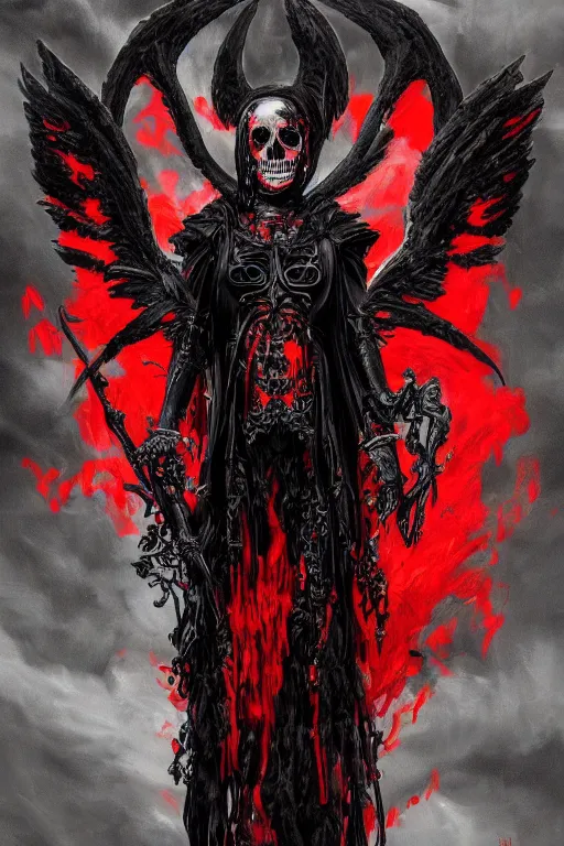 Prompt: painting of an ominous bright black and red angel of death with many skulls in dark clouds, full-body portrait, highly detailed, ornate and elegant, fantasy, traditional art, gothic, abstract art, surrealism, concept art, on artstation