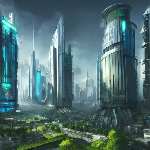 Prompt: giant cyberpunk megacity, utopian society, lush green glass and white buildings, highly detailed digital concept art,