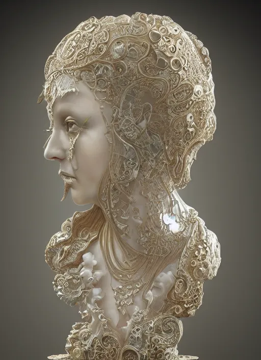 Prompt: opalescent marble sculpture of beautiful woman, glistening, mandelbulb, hypercube, ivory carving, fractal paisley inlay, lace, intricate, gold inlay, metallic, elegant, highly detailed, ivory, artgerm, lace, by ruan jia and greg rutkowski