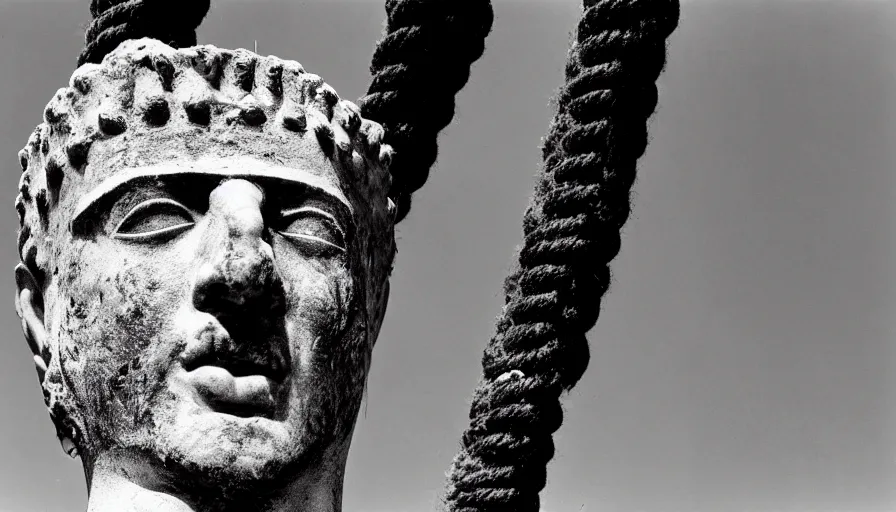 Image similar to 1 9 6 0 s movie still close - up of marcus atilius regulus'face tied with ropes at a pole with wide - open eyes looking directly at the burning sun, his eyes are bleeding intense, cinestill 8 0 0 t 3 5 mm b & w, high quality, heavy grain, high detail, texture, dramatic light