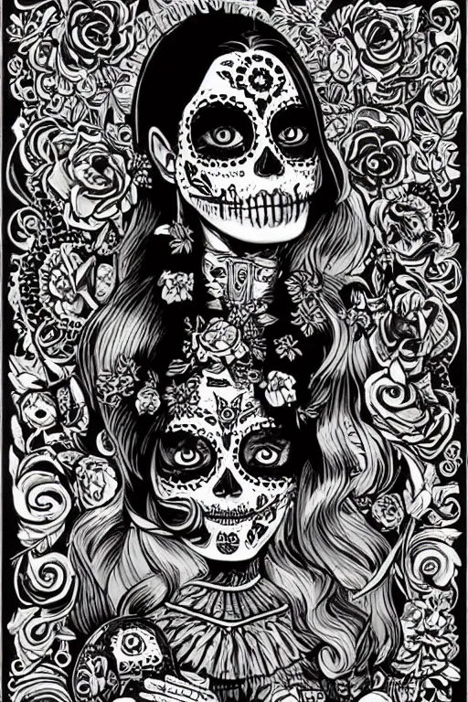 Prompt: Illustration of a sugar skull day of the dead girl, art by joe fenton