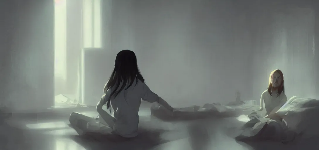 Image similar to Young Himalayan woman sitting concerned in an empty room with loneliness using psychic powers to make a lighter float| night time scene, plain walls |somber white eyes, long ashy hair | gentle lighting, futuristic, dim lighting, digital art by Makoto Shinkai ilya kuvshinov and Wojtek Fus, digital art, concept art,