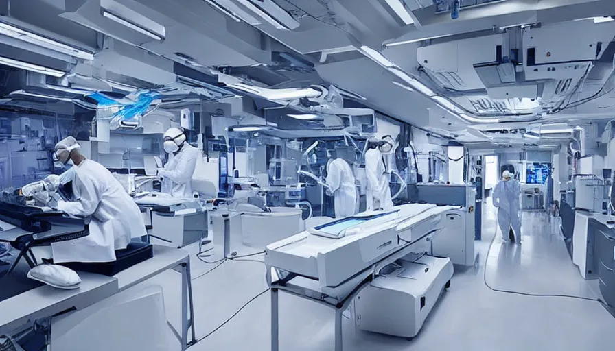 Image similar to future ai laboratory with shiny glossy white machines doing surgery on human subjects. year 2 1 2 1 8 k