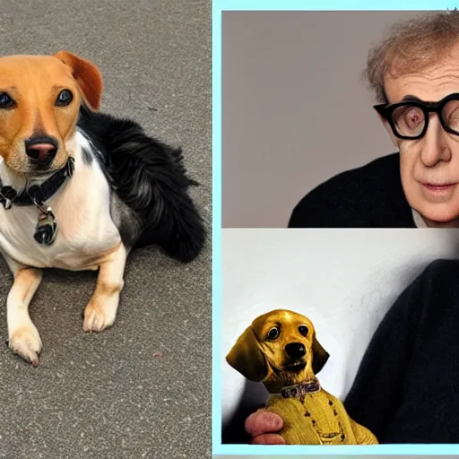 Prompt: a dog with the face of woody allen