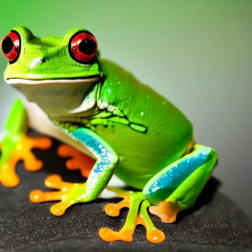 Prompt: fashion show with a cute smiling green tree frog with sunglasses, dressed in a green skirt, photo realistic, matte image