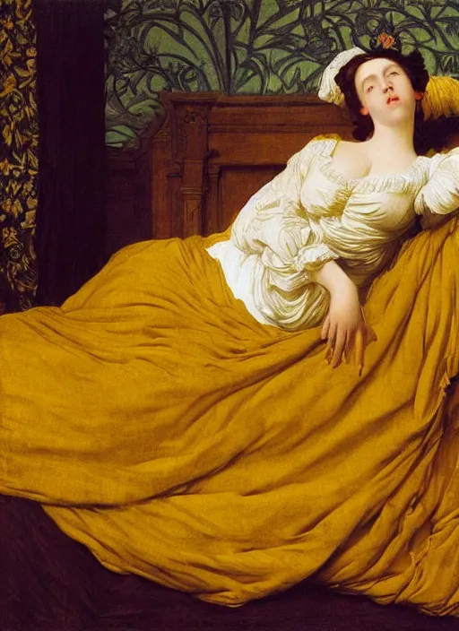 Prompt: masterpiece portrait of lady reclining on bed, rococo flowing cloth in wind raising twisting rising sheets floating in wind flying, wearing yellow ochre ornate medieval dress, vertical, foreshortening, colour photography by frederic leighton, william morris, 8 k